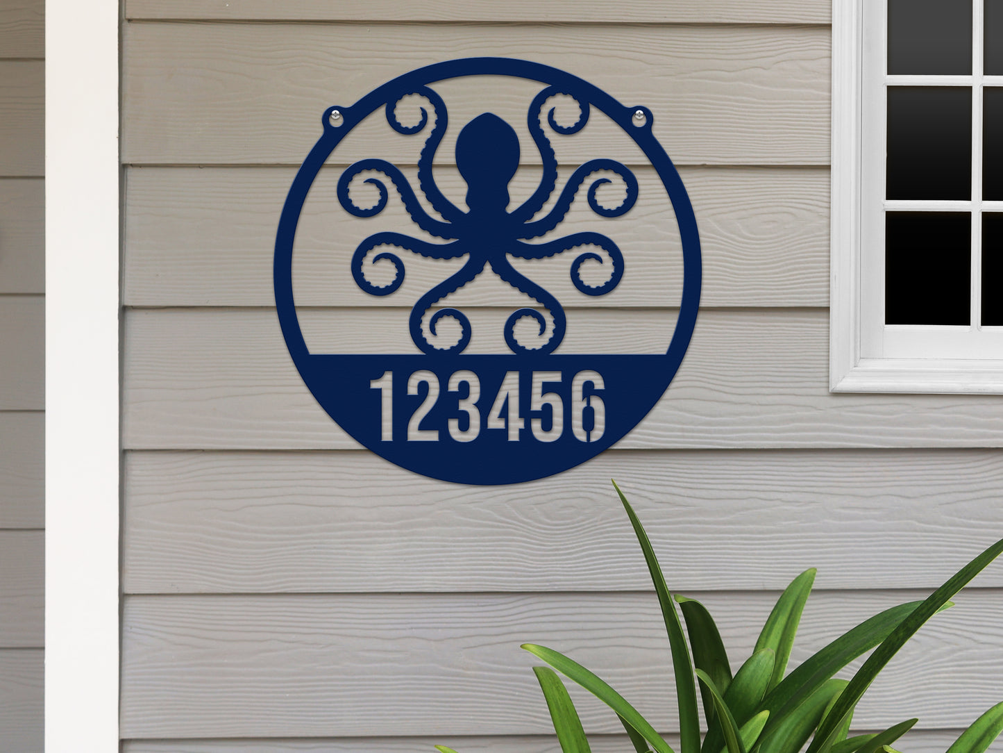 Octopus House Numbers Address Sign – Custom Street Numbers Sign features a blue sign with an octopus motif and large house numbers, designed for outdoor decor, made from weather-resistant American steel.