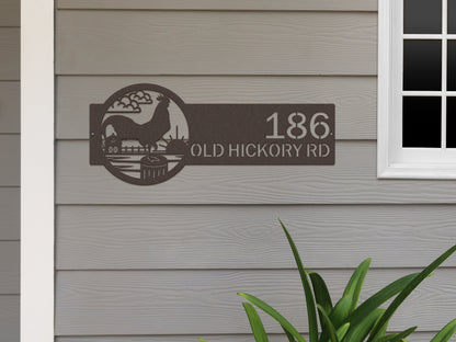 Rooster Farm Address Sign Plaque featuring custom house numbers, rooster and sun motif on a metal sign, ideal for rustic home décor, personalized for farmhouse enthusiasts, crafted by HouseSensationsArt.