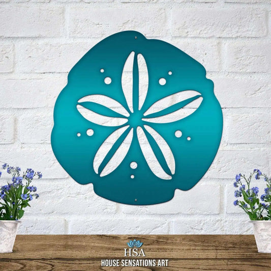 Classic Sand Dollar sign – Custom Street Numbers Sign, featuring detailed laser-cut edges, showcased on a white brick wall, exemplifying durable, weather-resistant craftsmanship ideal for enhancing home décor.