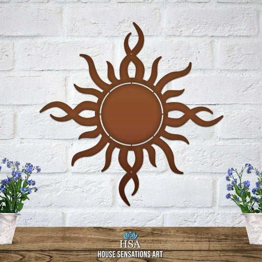 Garden Modern Sun Metal Wall Art – Custom Street Numbers Sign displayed against a white brick wall, showcasing intricate laser-cut details, exemplifying its suitability for outdoor home décor.