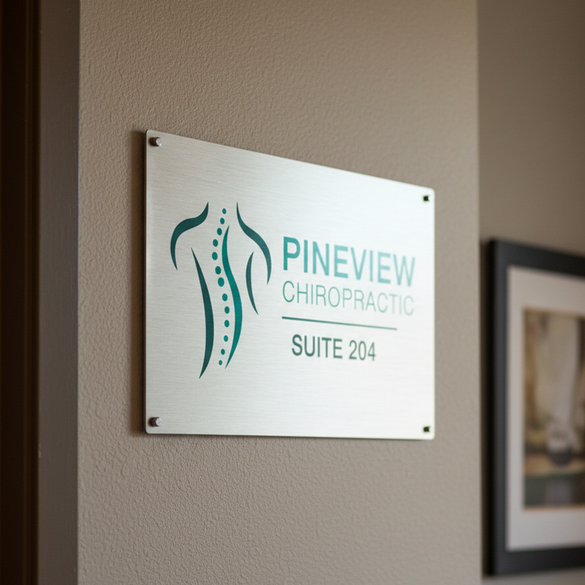Rectangular metal sign with "Pineview Chiropractic" written on it. mounted on a white wall
