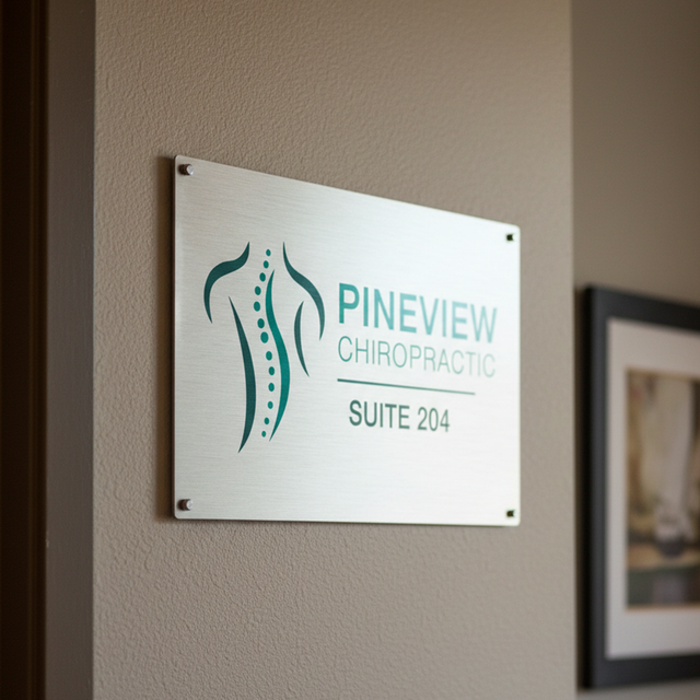 Rectangular metal sign with "Pineview Chiropractic" written on it. mounted on a white wall