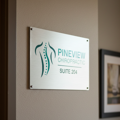 Rectangular metal sign with "Pineview Chiropractic" written on it. mounted on a white wall