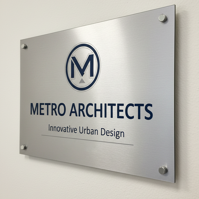 Metal sign with Metro Architects logo and text mounted on white wall, custom laser-cut design for business branding and office décor