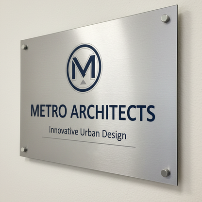 Metal sign with Metro Architects logo and text mounted on white wall, custom laser-cut design for business branding and office décor