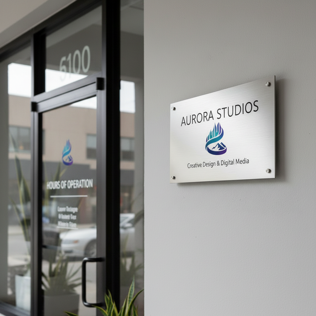 Rectangular metal sign with Aurora Studios text mounted on wall next to glass door, custom business signage for office branding and decorative wall display
