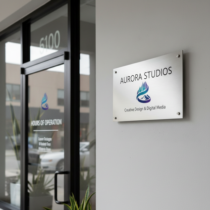 Rectangular metal sign with Aurora Studios text mounted on wall next to glass door, custom business signage for office branding and decorative wall display
