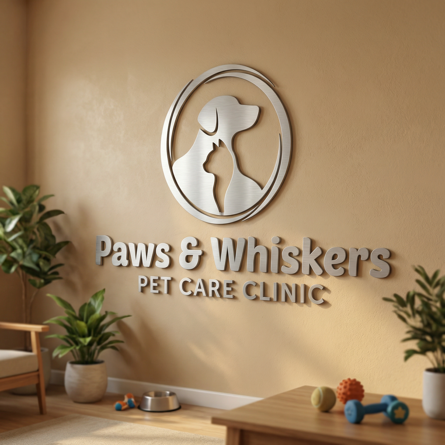 individual cut metal letter sign Logo of "Paws & Whiskers Pet Care Clinic" with a circle metal cut image of a dog and cat on a wall with plants and pet toys in the foreground.