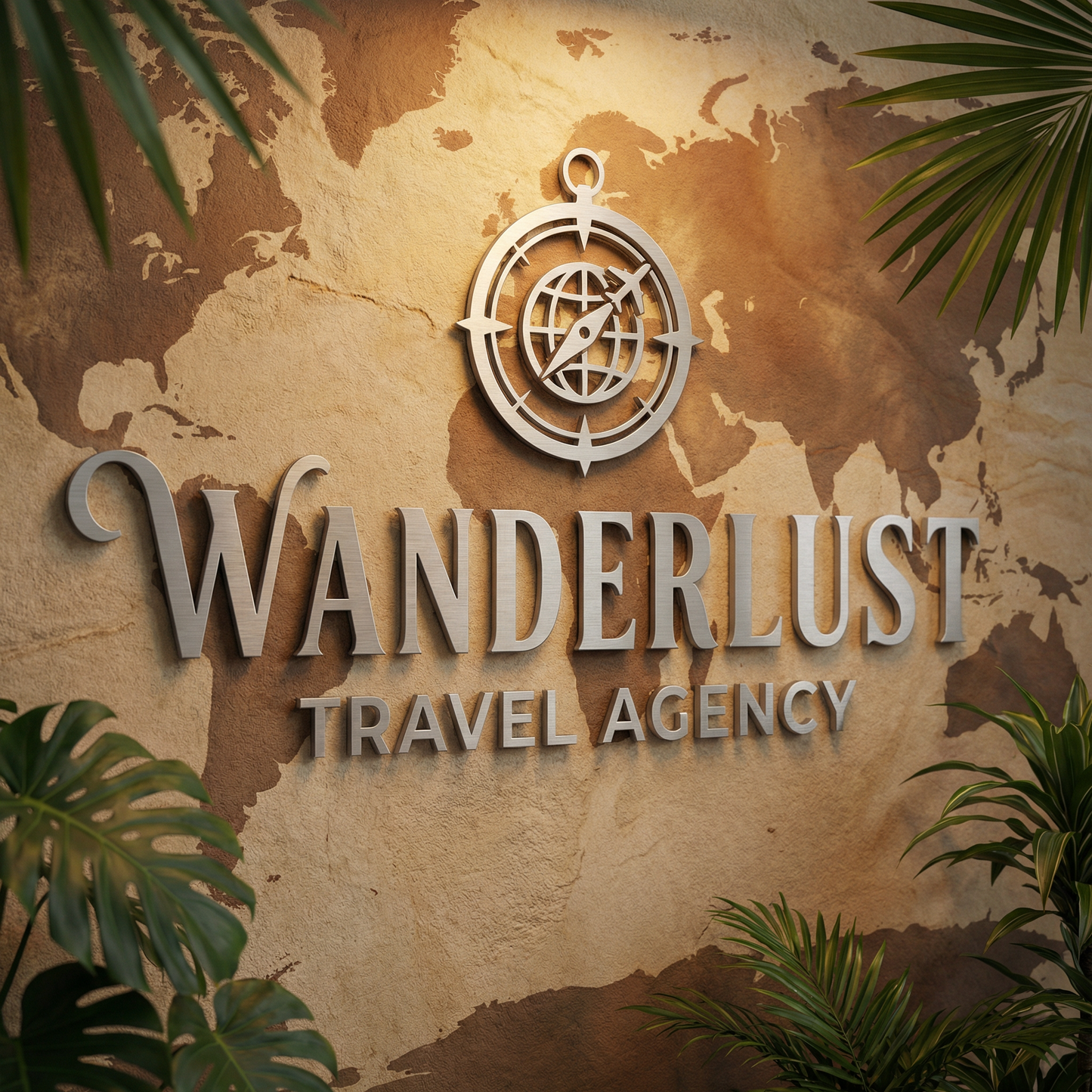 Individual letter cut metal sign of "Wanderlust Travel Agency" logo with a world map and palm leaves on a textured wall.