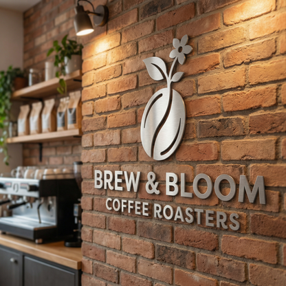 Brick wall with 'Brew & Bloom Coffee Roasters' with flower design on top logo and coffee equipment in the background