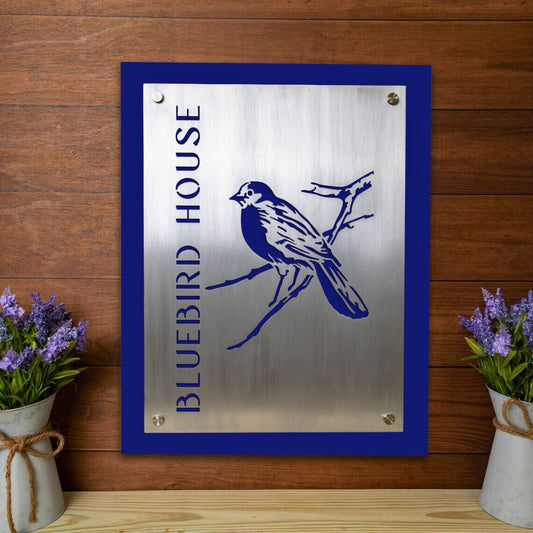 Aluminum Two Layer Sign with Attached Backplate showcasing a blue bird logo, designed for personalized indoor/outdoor business use, reflecting elegance and craftsmanship for storefronts and office walls.