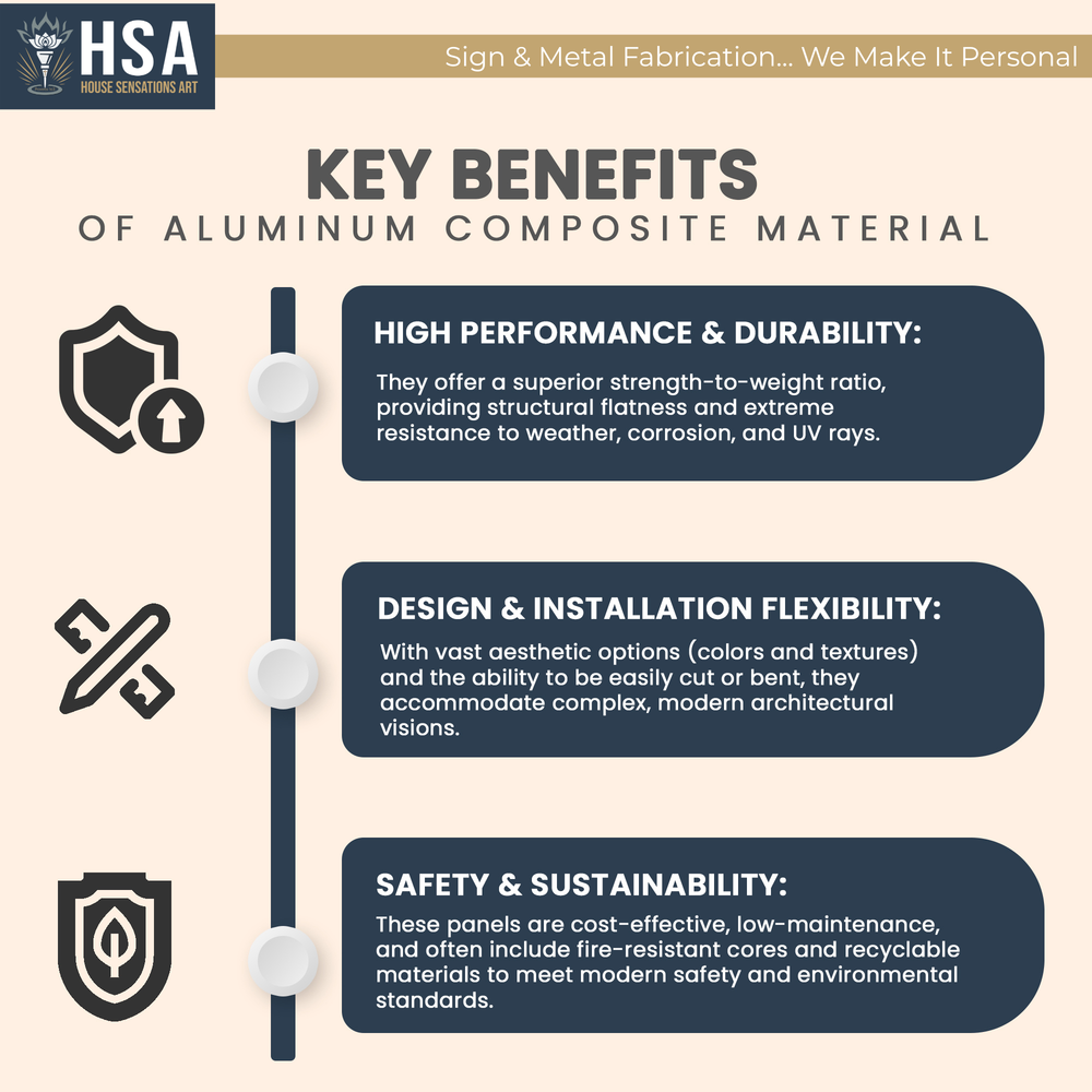 Infographic showing key benefits of aluminum composite material including durability design flexibility weather resistance and sustainability for business signage