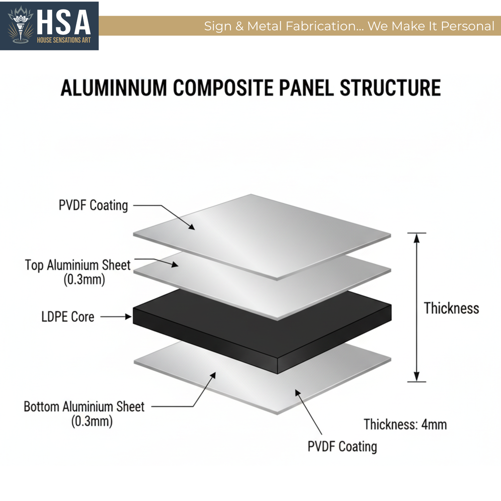 Aluminum composite panel structure diagram showing PVDF coating aluminum sheets LDPE core and 4mm panel thickness construction