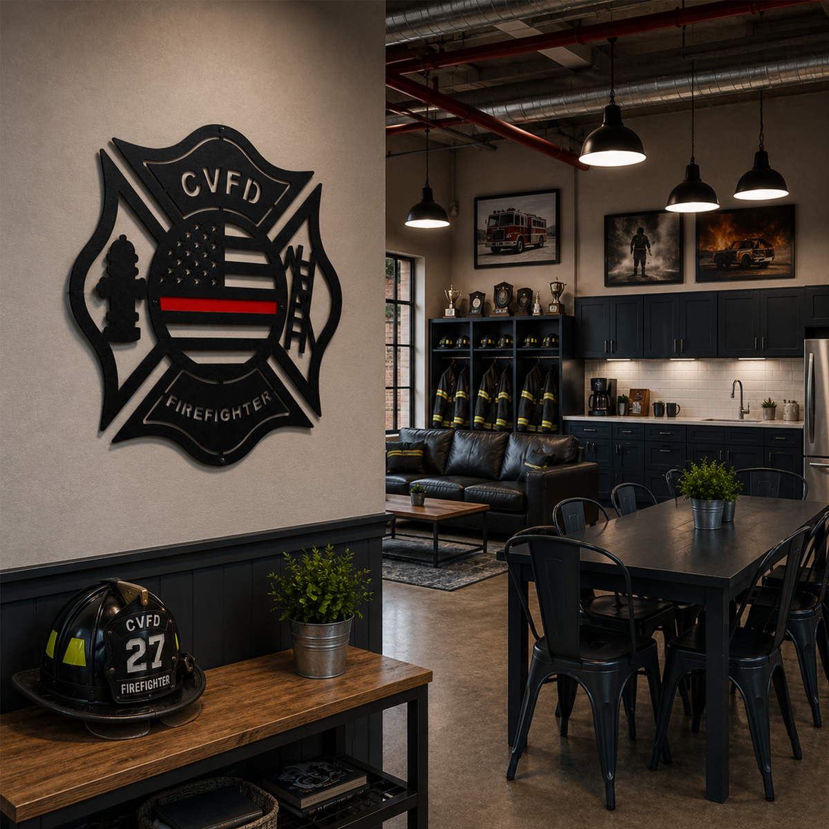 Black firefighter Maltese cross metal wall sign with American flag design and red line displayed inside modern firefighter lounge