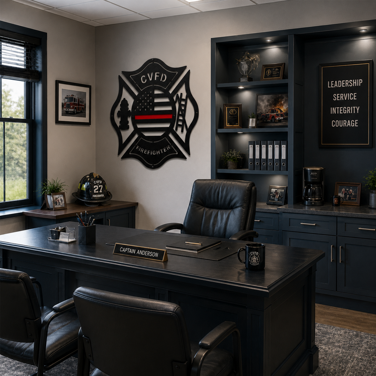 Firefighter Maltese cross metal wall sign with thin red line flag displayed inside modern fire department office