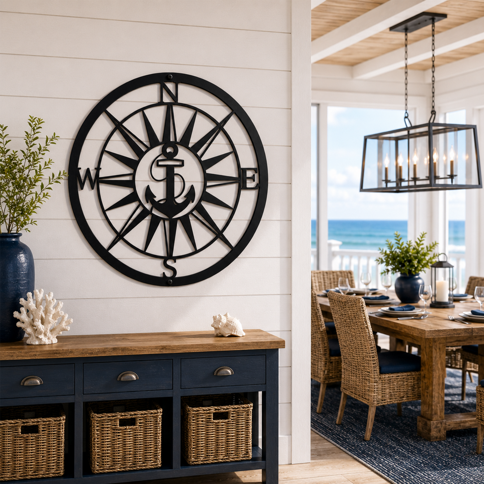 A circular matte black steel anchor compass sign mounted on a white wall above a navy blue credenza table styled with woven storage baskets and a white piece of coral. A warm, coastal dining table and ocean view are visible through the large adjacent window.