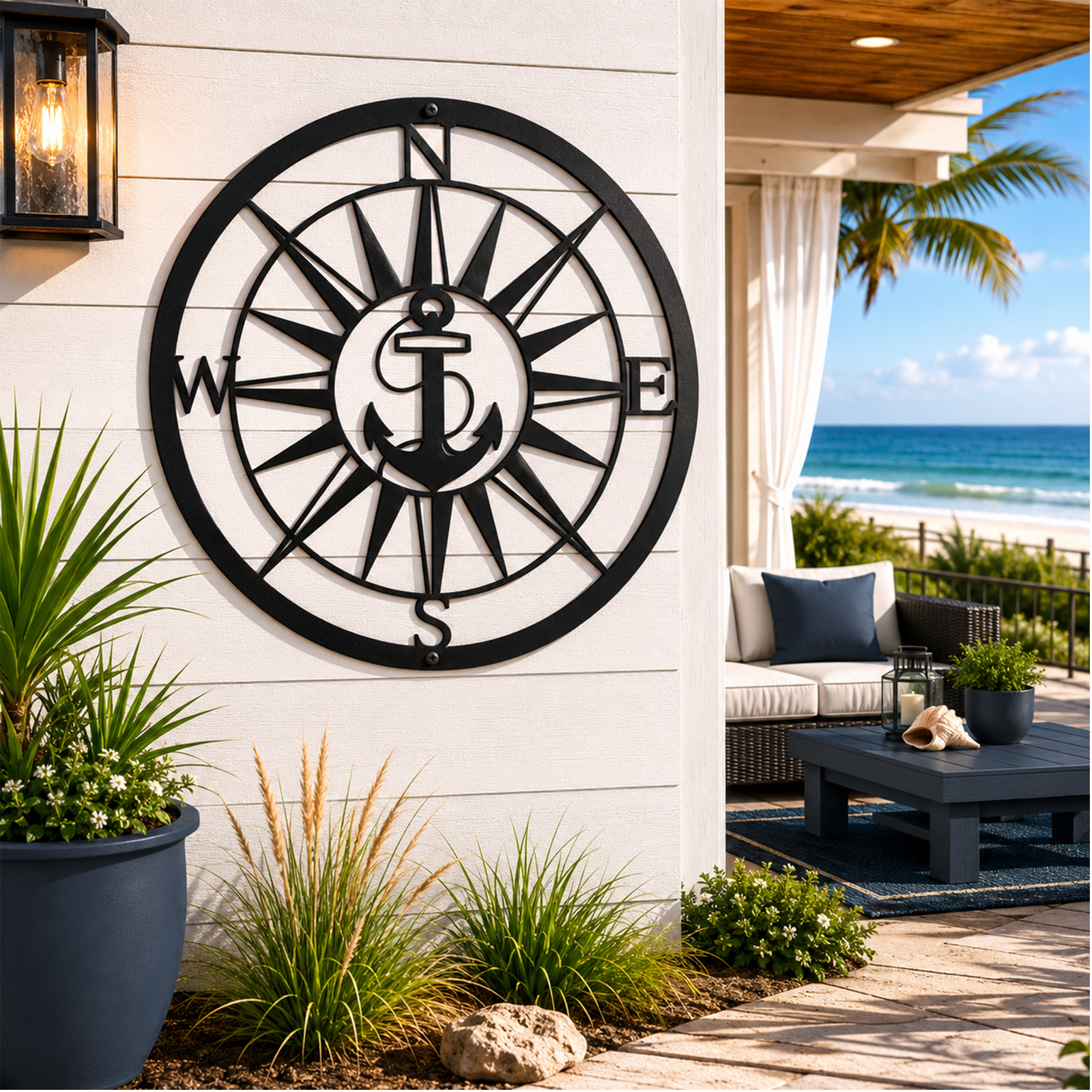 A circular black metal cutout sign with an anchor and compass rose design. It is installed on white horizontal lap siding on a beachfront patio deck equipped with a modern outdoor sofa lounge, coffee table, and an open view of sandy beach and blue ocean.