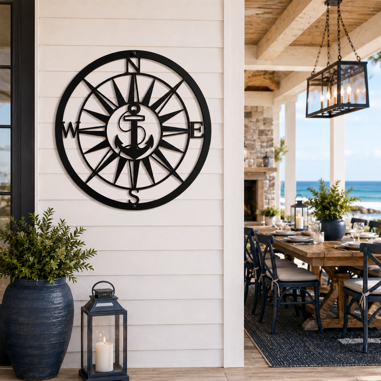 A round black metal anchor compass plaque mounted on the white vertical siding of an upscale outdoor veranda. The background features a long wooden family dining table set for guests, looking directly out onto blue ocean waves.
