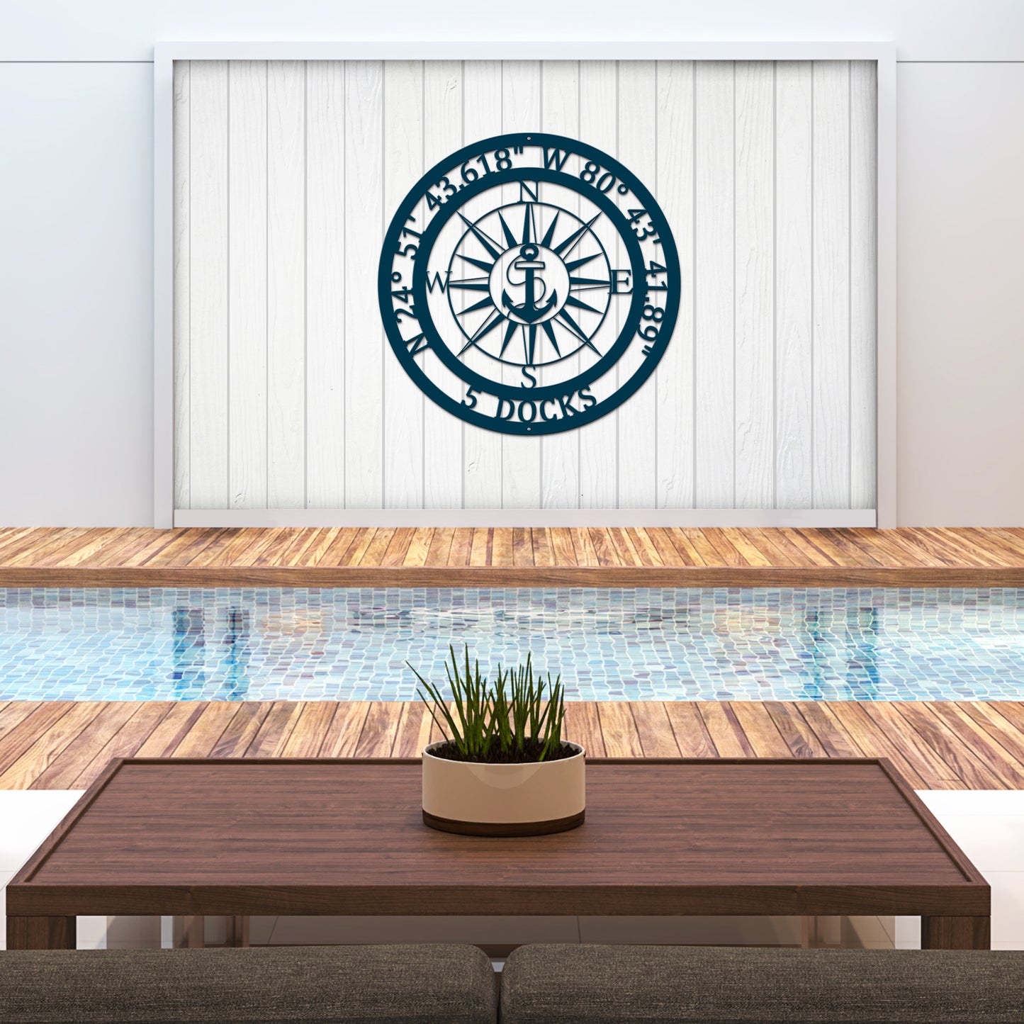 Personalized GPS & Location Anchor Compass Sign featuring a compass and anchor design, crafted in durable metal for indoor or outdoor use, ideal for nautical-themed decor, customizable with family name and date.