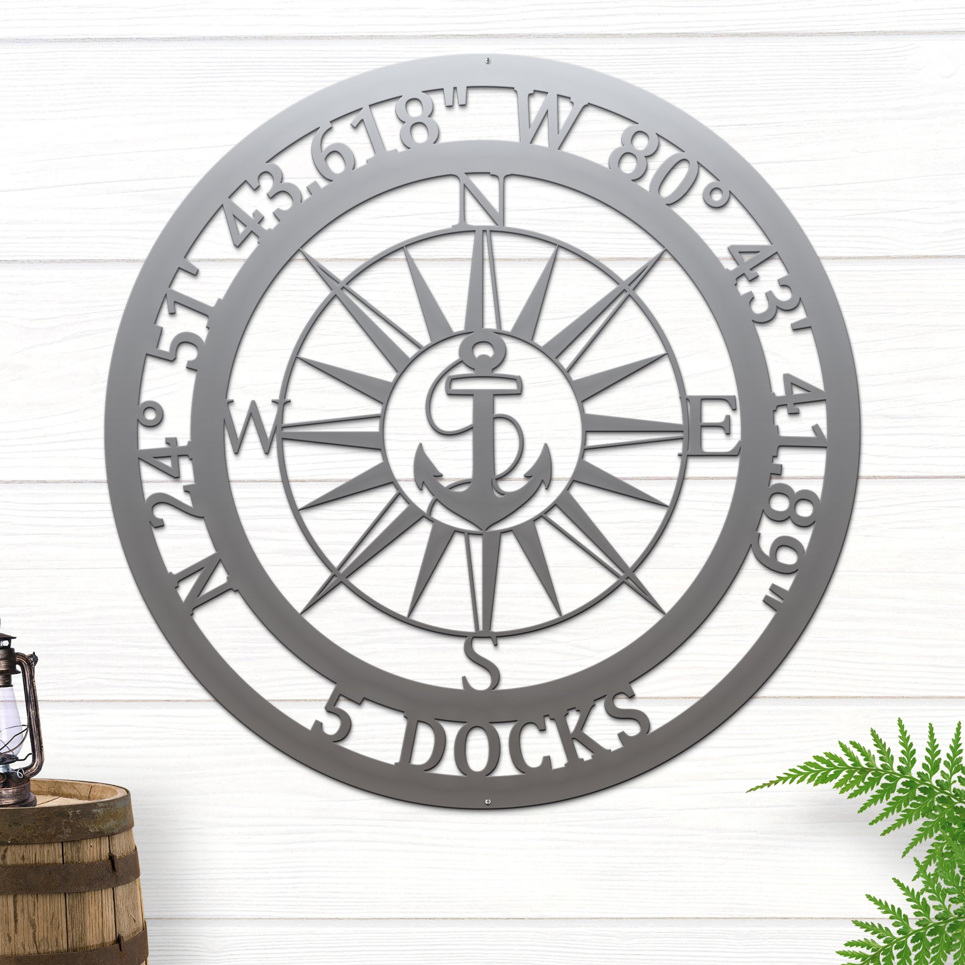 Personalized GPS & Location Anchor Compass Sign features a metal design with a compass and anchor motif, ideal for nautical-themed home or boat decor; customizable for family name and date.