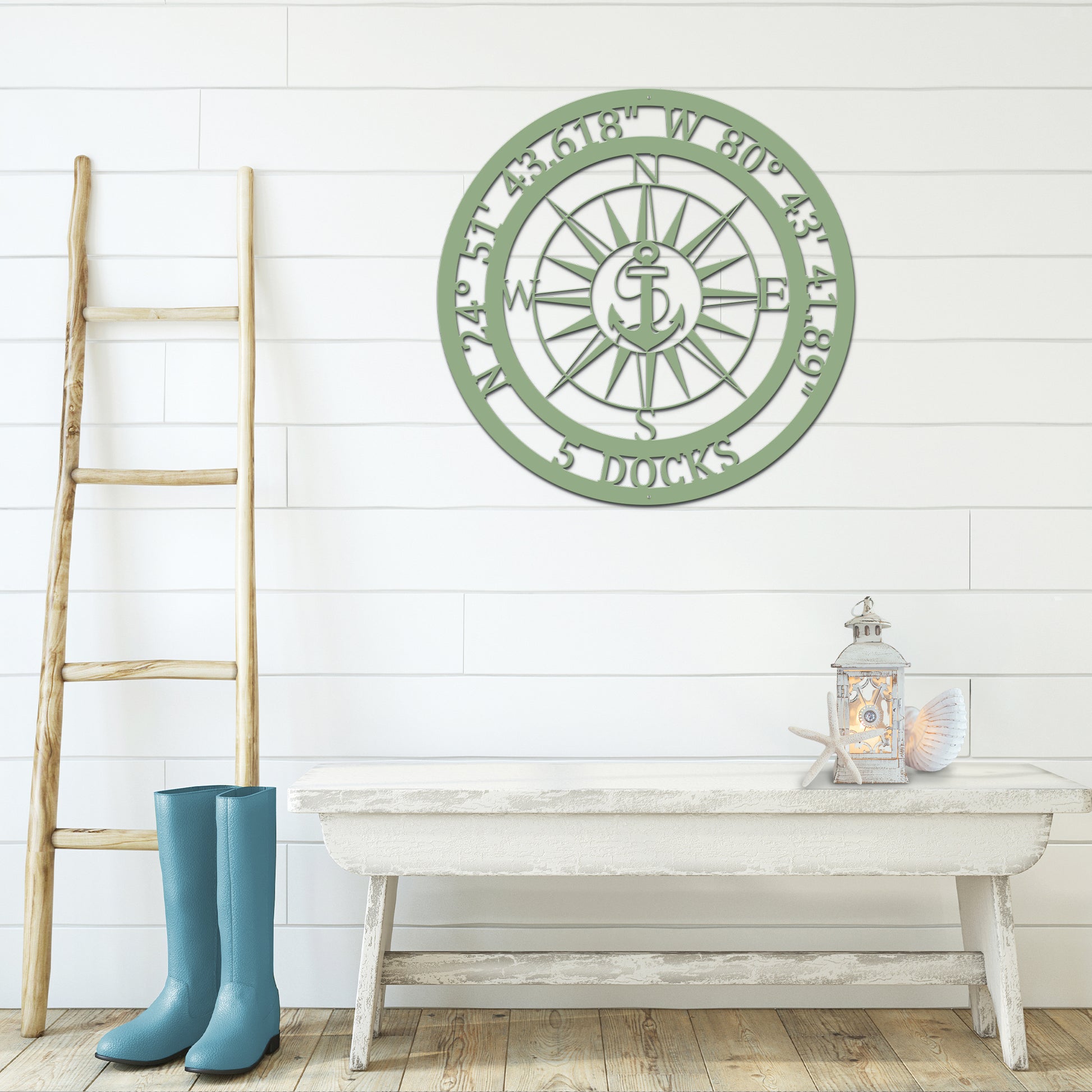 Personalized GPS & Location Anchor Compass Sign featuring a compass and anchor design, perfect for nautical decor; ideal as custom metal wall art for both indoor and outdoor spaces.