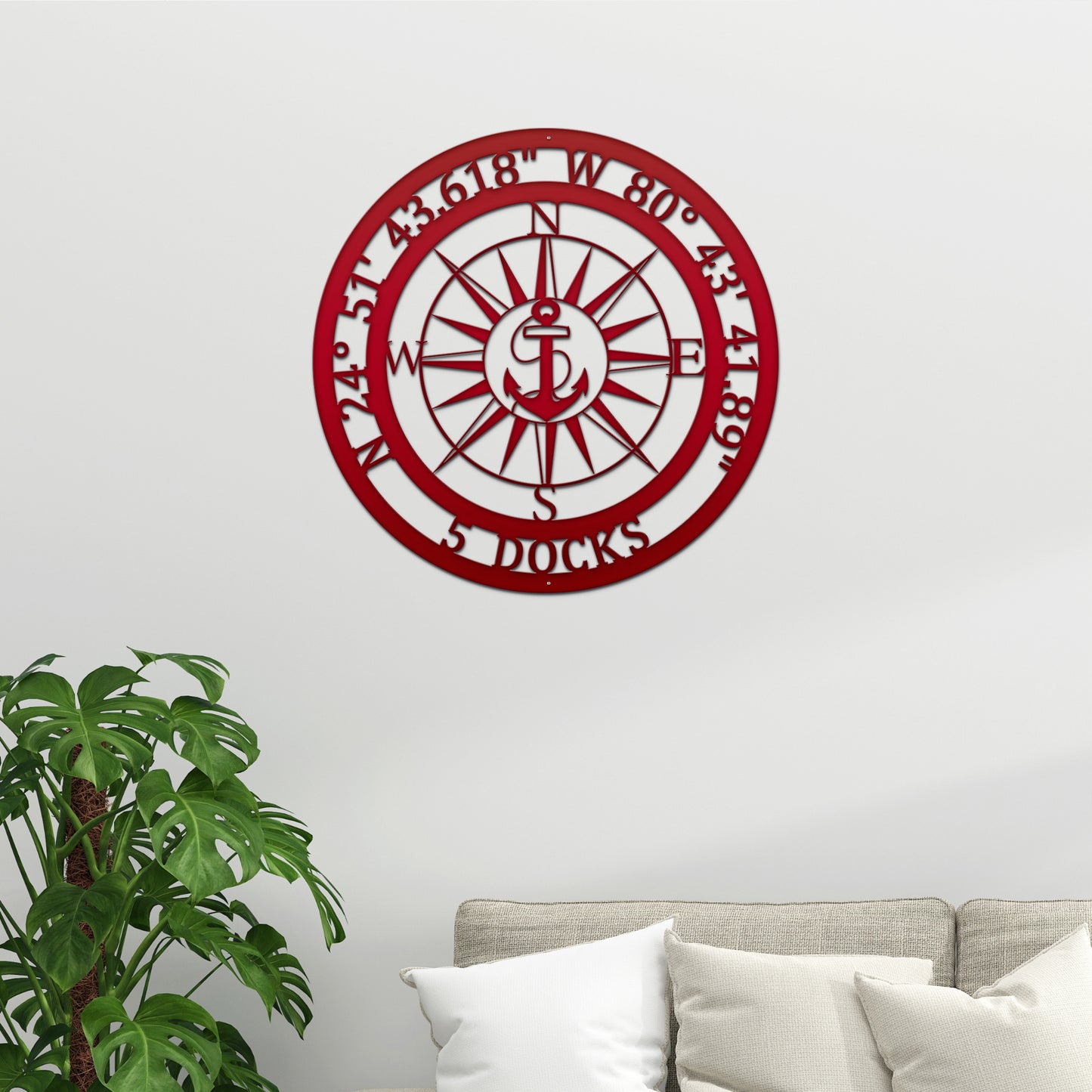 Personalized GPS & Location Anchor Compass Sign featuring a red compass and anchor design, ideal for nautical-themed indoor or outdoor decor, customizable with family name and date, perfect for gifting.