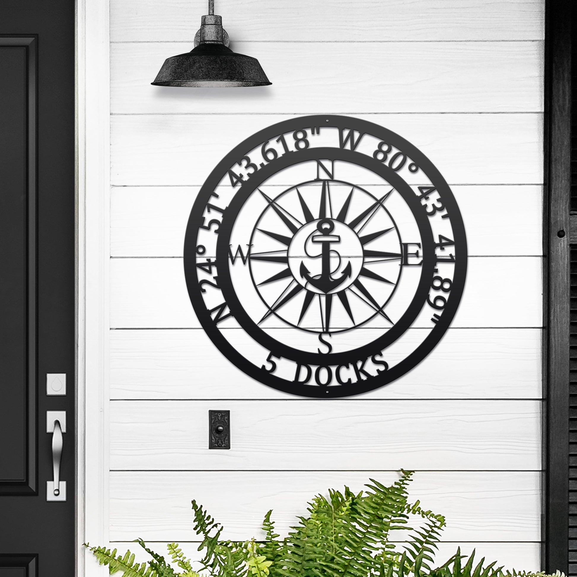 Personalized GPS & Location Anchor Compass Sign showcasing a black metal design with an anchor and compass, perfect for nautical-themed decor in homes, beach houses, or boats, ideal as a housewarming or wedding gift.