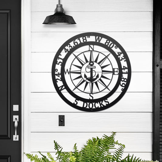 Personalized GPS & Location Anchor Compass Sign - Personalized Nautical Wall Art, Family Name & Date - Indoor Outdoor Metal Decor, Housewarming or Wedding Gift for Couples