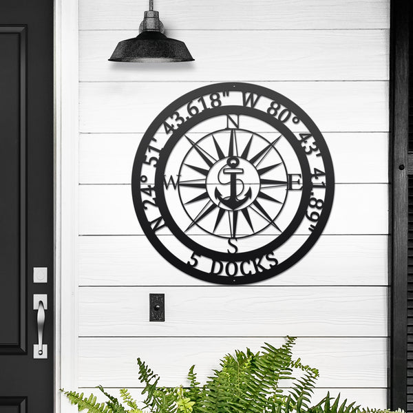 Personalized GPS & Location Anchor Compass Sign - Personalized Nautical Wall Art, Family Name & Date - Indoor Outdoor Metal Decor, Housewarming or Wedding Gift for Couples