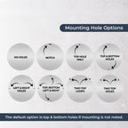 Infographic showing eight different mounting hole options for custom round metal pineapple address plaques.