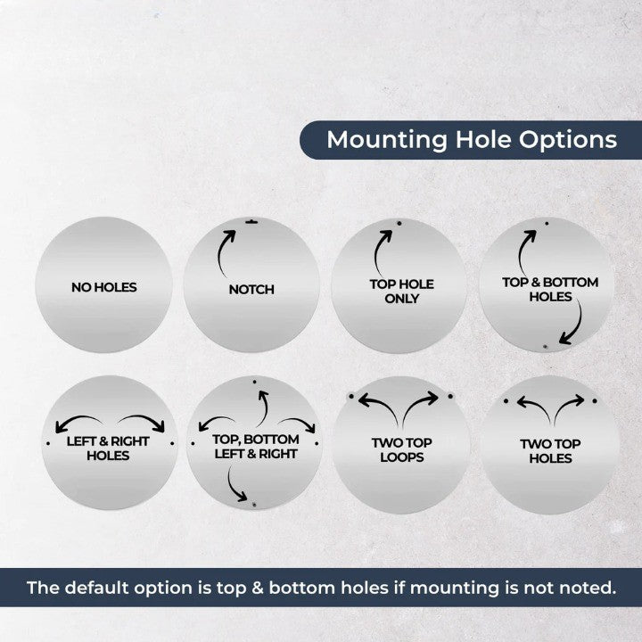 Infographic showing eight different mounting hole options for custom round metal pineapple address plaques.