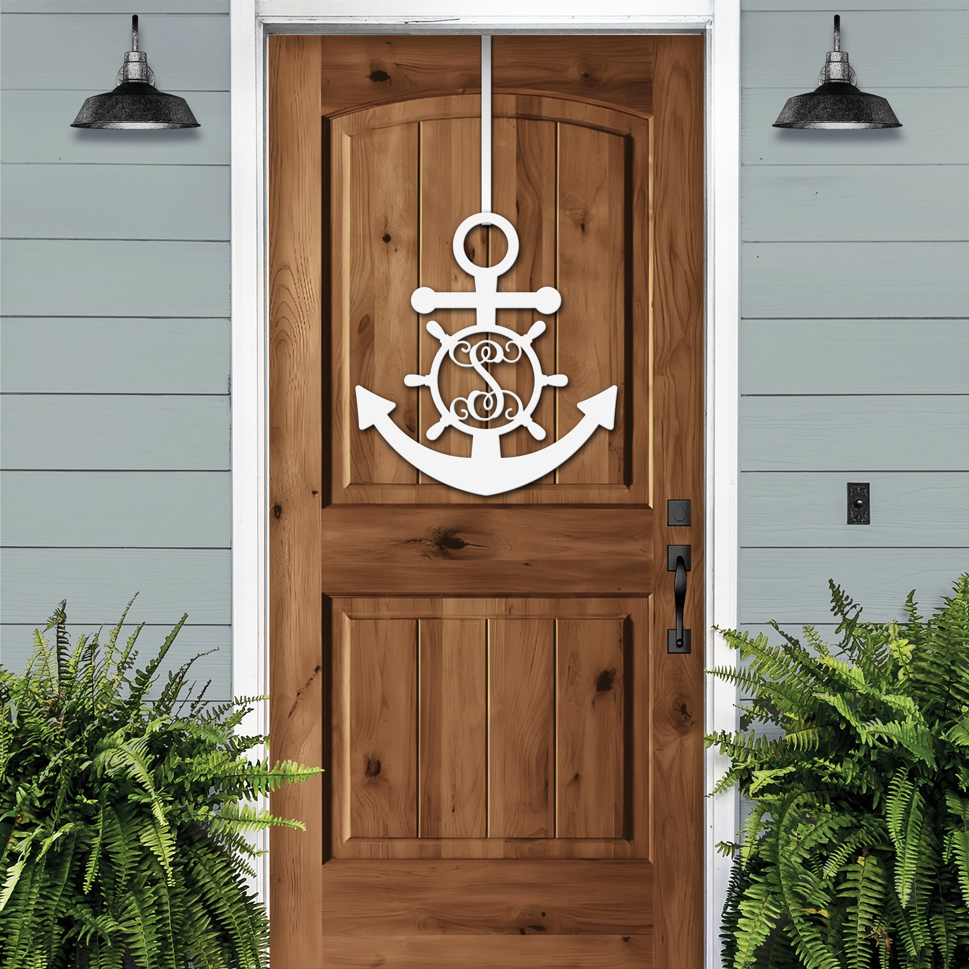 Personalized GPS & Location Anchor Compass Sign displayed on a wooden surface, featuring a white anchor and steering wheel design, accentuated by nearby plants, ideal for nautical-themed decor in homes or boats.