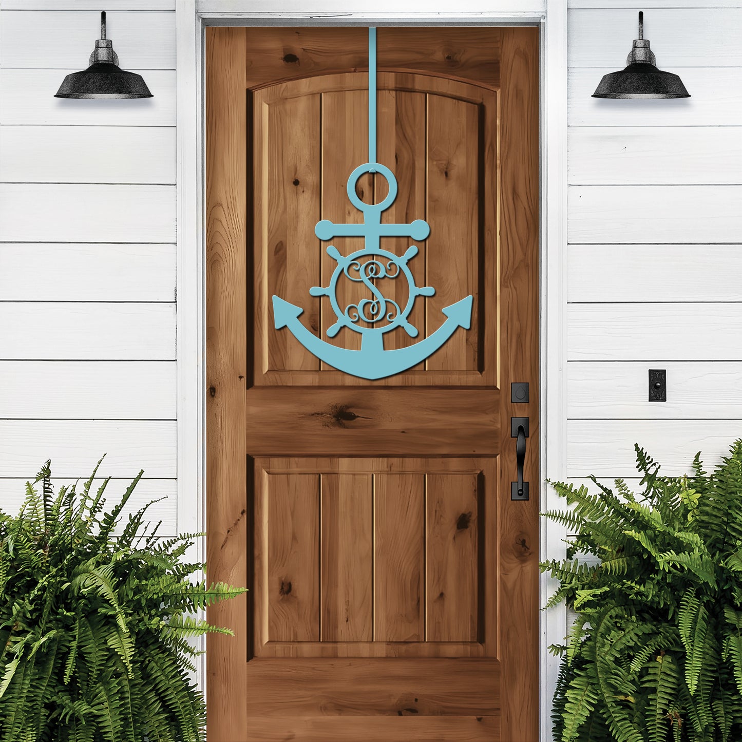 Personalized GPS & Location Anchor Compass Sign displayed on a wooden door, adorned with nautical symbols like an anchor, perfect for enhancing nautical-themed decor as indoor or outdoor metal decor.