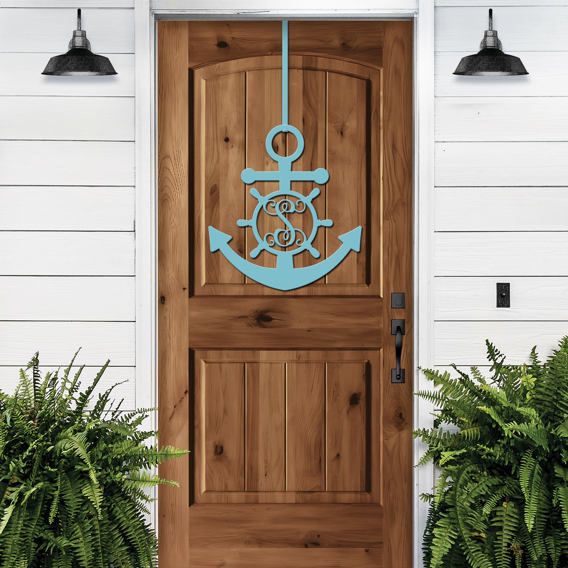 Personalized GPS & Location Anchor Compass Sign displayed on a wooden door, adorned with nautical symbols like an anchor, perfect for enhancing nautical-themed decor as indoor or outdoor metal decor.