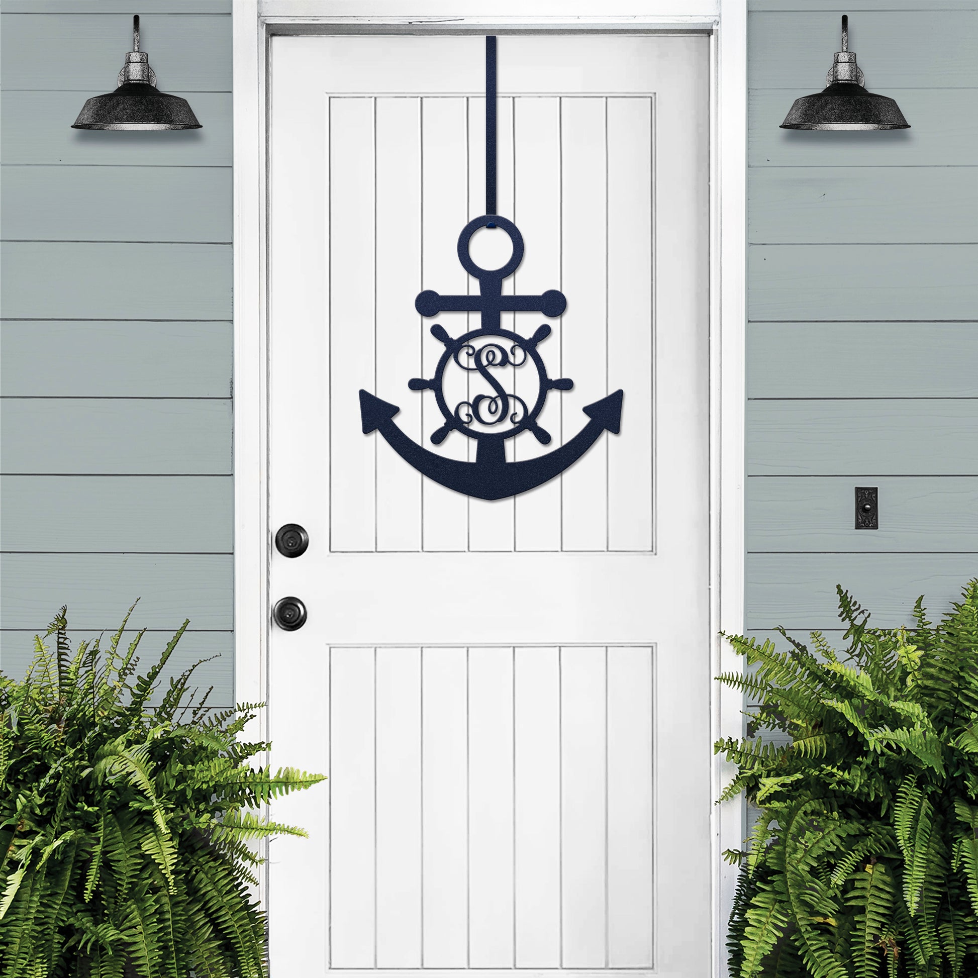 Personalized GPS & Location Anchor Compass Sign - Metal decor featuring a compass and anchor on a white door, ideal for nautical-themed spaces, customizable for indoor or outdoor use.