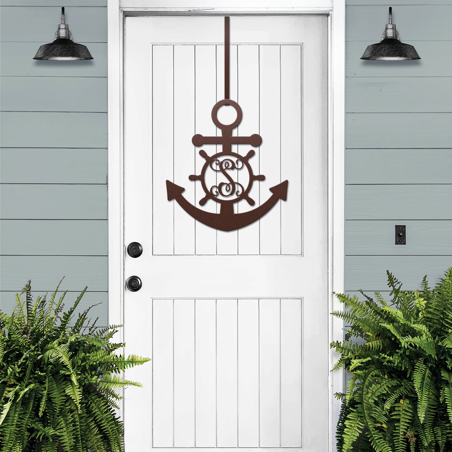 Personalized GPS & Location Anchor Compass Sign featuring a metal compass and anchor design on a white door, surrounded by a fern plant, suitable for nautical-themed indoor or outdoor decor.