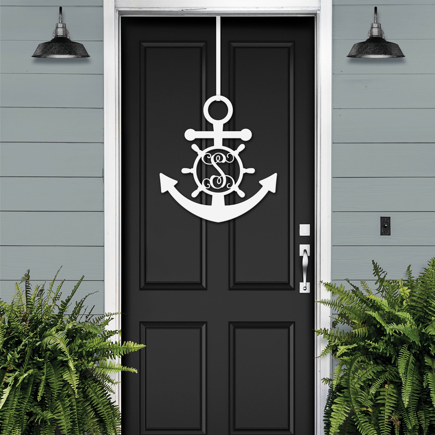 Personalized GPS & Location Anchor Compass Sign depicting a white anchor on a black door, representing nautical-themed metal decor for indoor or outdoor use, ideal for housewarming or wedding gifts.