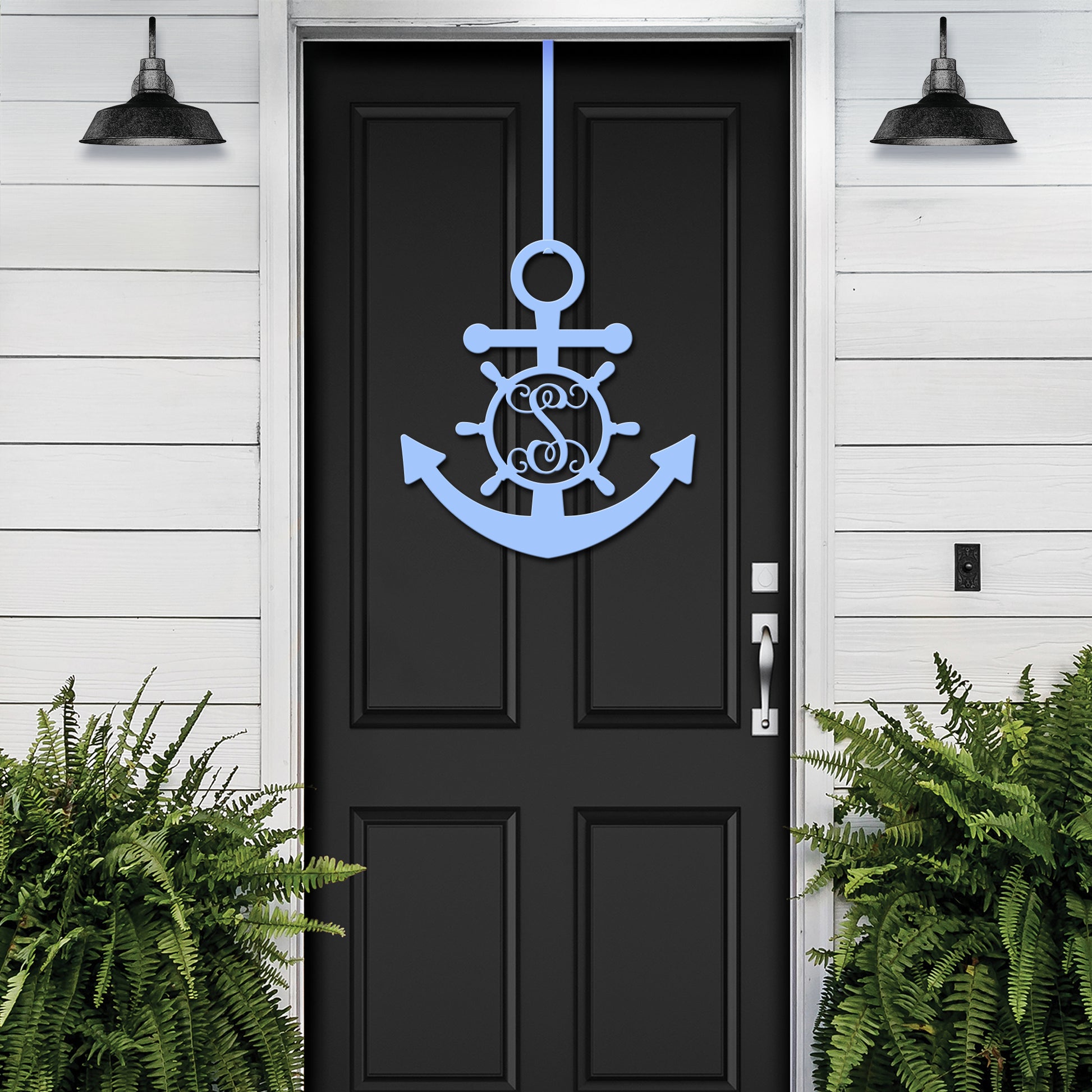 Personalized GPS & Location Anchor Compass Sign featuring a compass and anchor design on a metal door, ideal for nautical-themed decor and personalized with family name and date for indoor or outdoor use.