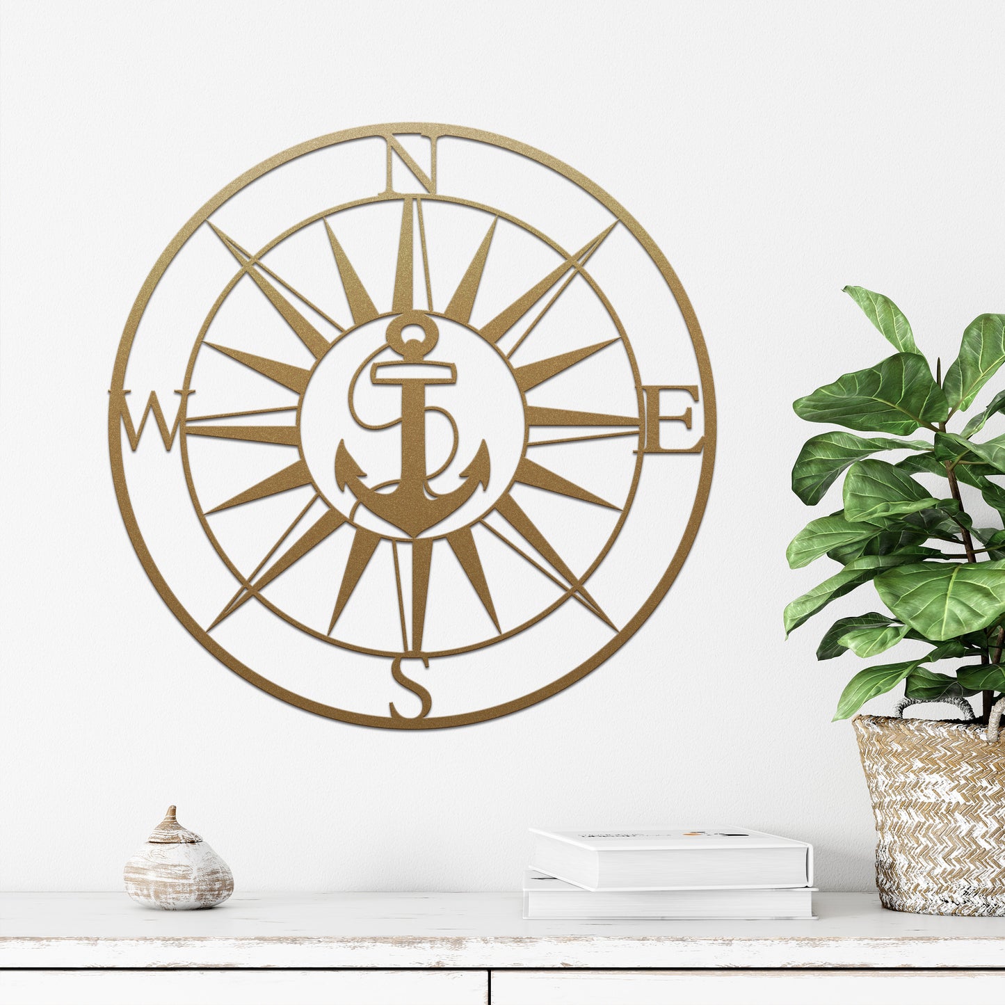 Personalized GPS & Location Anchor Compass Sign displayed on a white surface with a decorative plant, showcasing a beautifully designed compass and anchor, ideal for nautical-themed decor or functional navigation use.