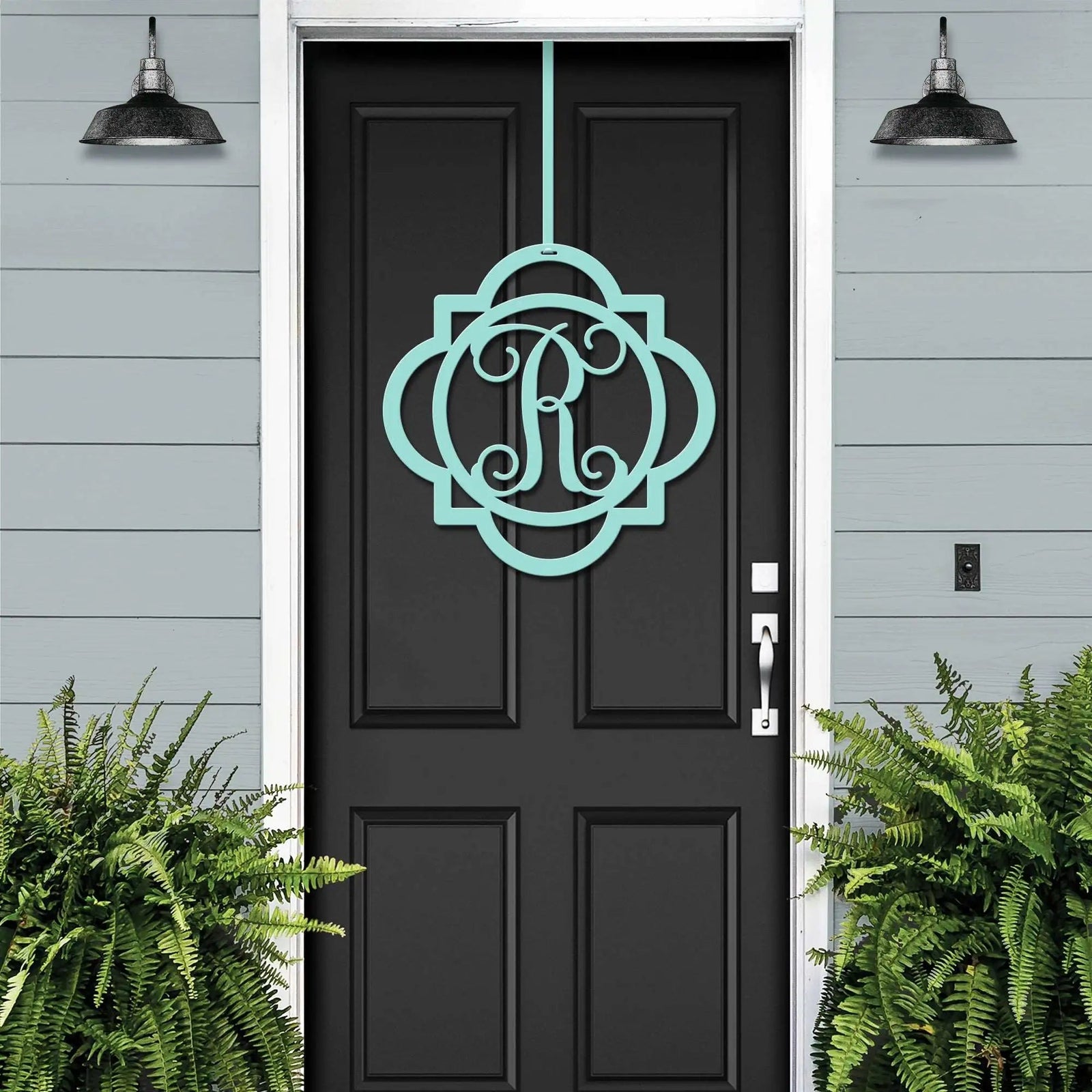 Aqua monogram front door wreath sign with decorative letter R displayed on black door for personalized entry decor