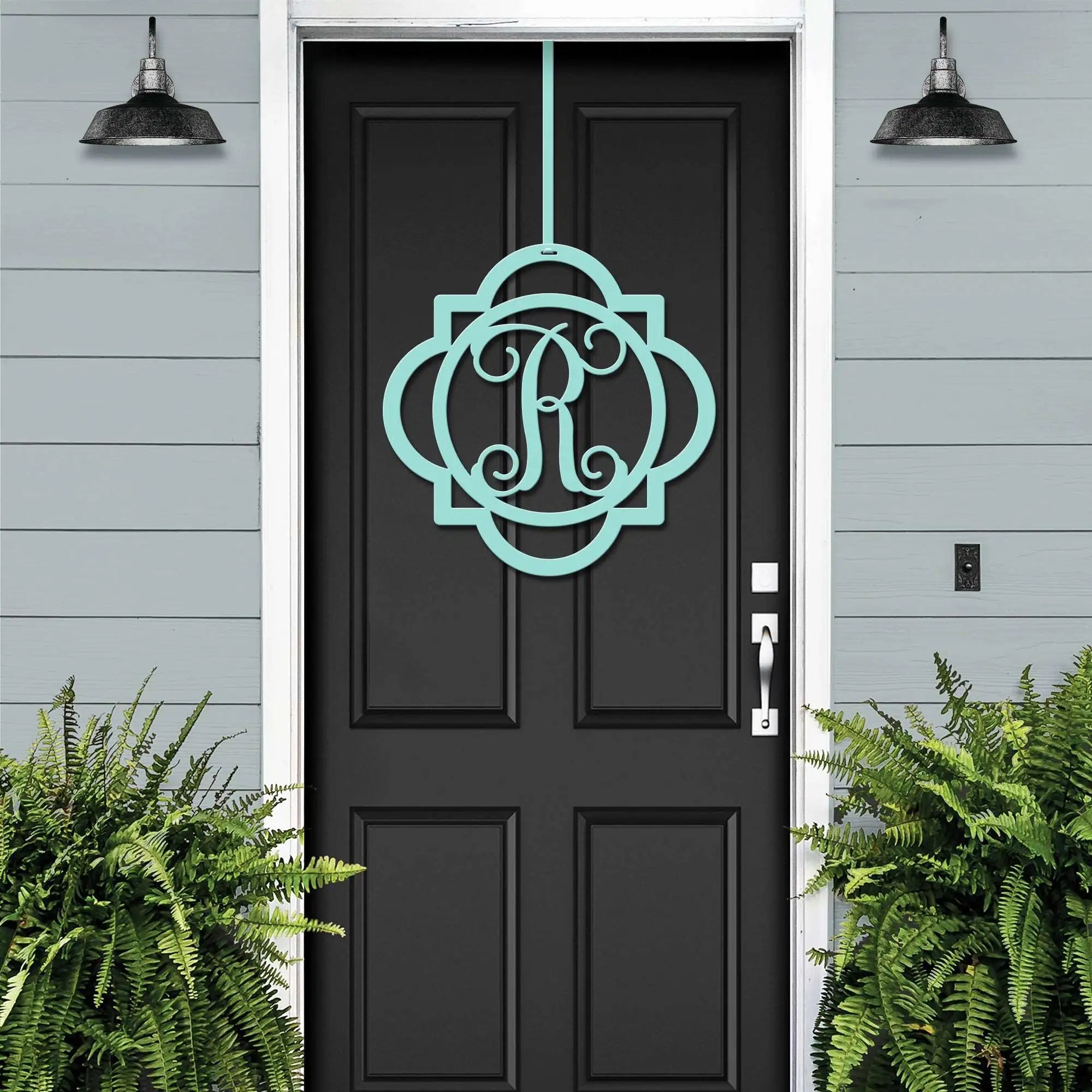 Aqua monogram front door wreath sign with decorative letter R displayed on black door for personalized entry decor