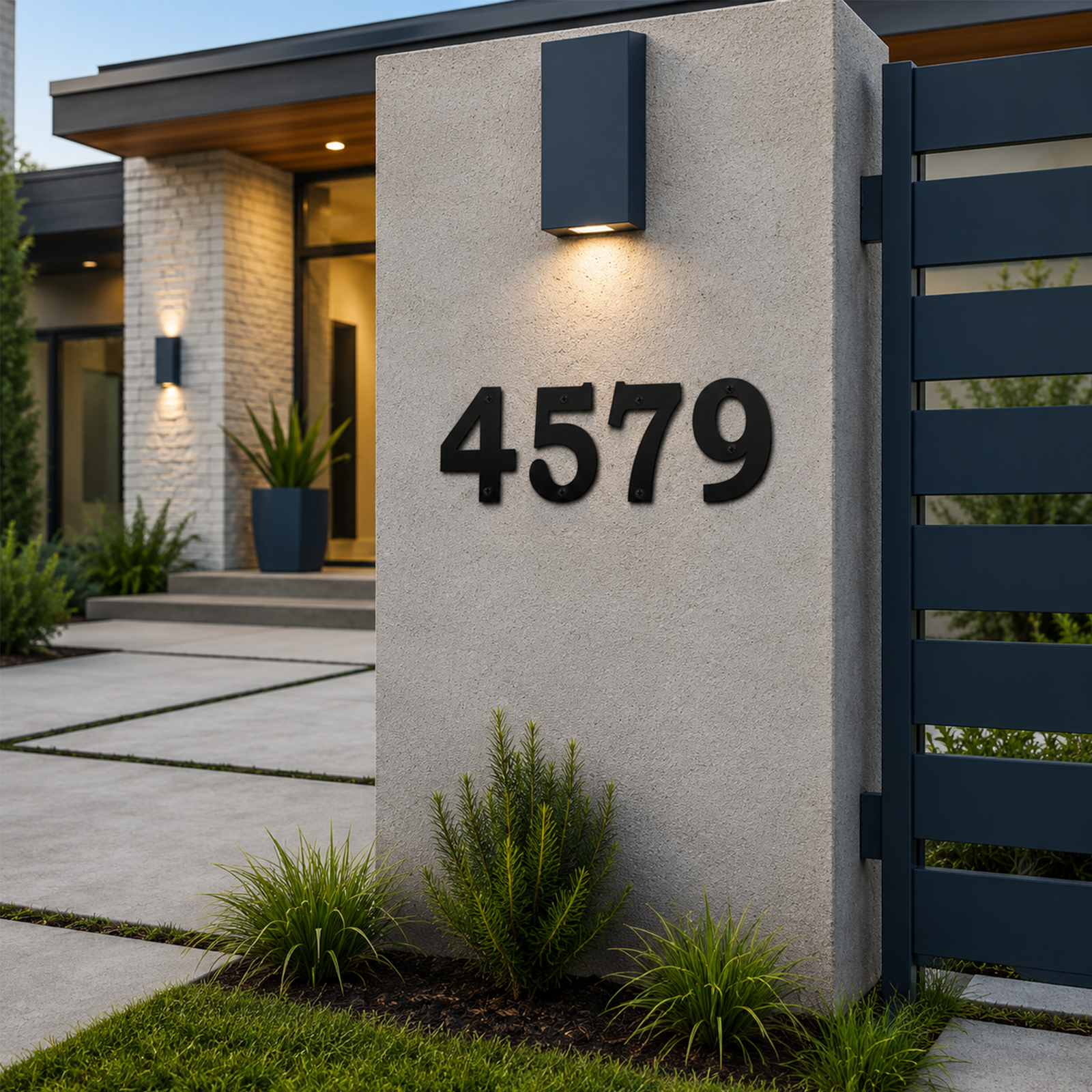 Large black metal house numbers reading "4579" are mounted horizontally on a light beige stucco pillar at a property's entryway. A sleek rectangular downlight illuminates the digits, which sit next to a dark gray horizontal slat fence and small ornamental green shrubs.