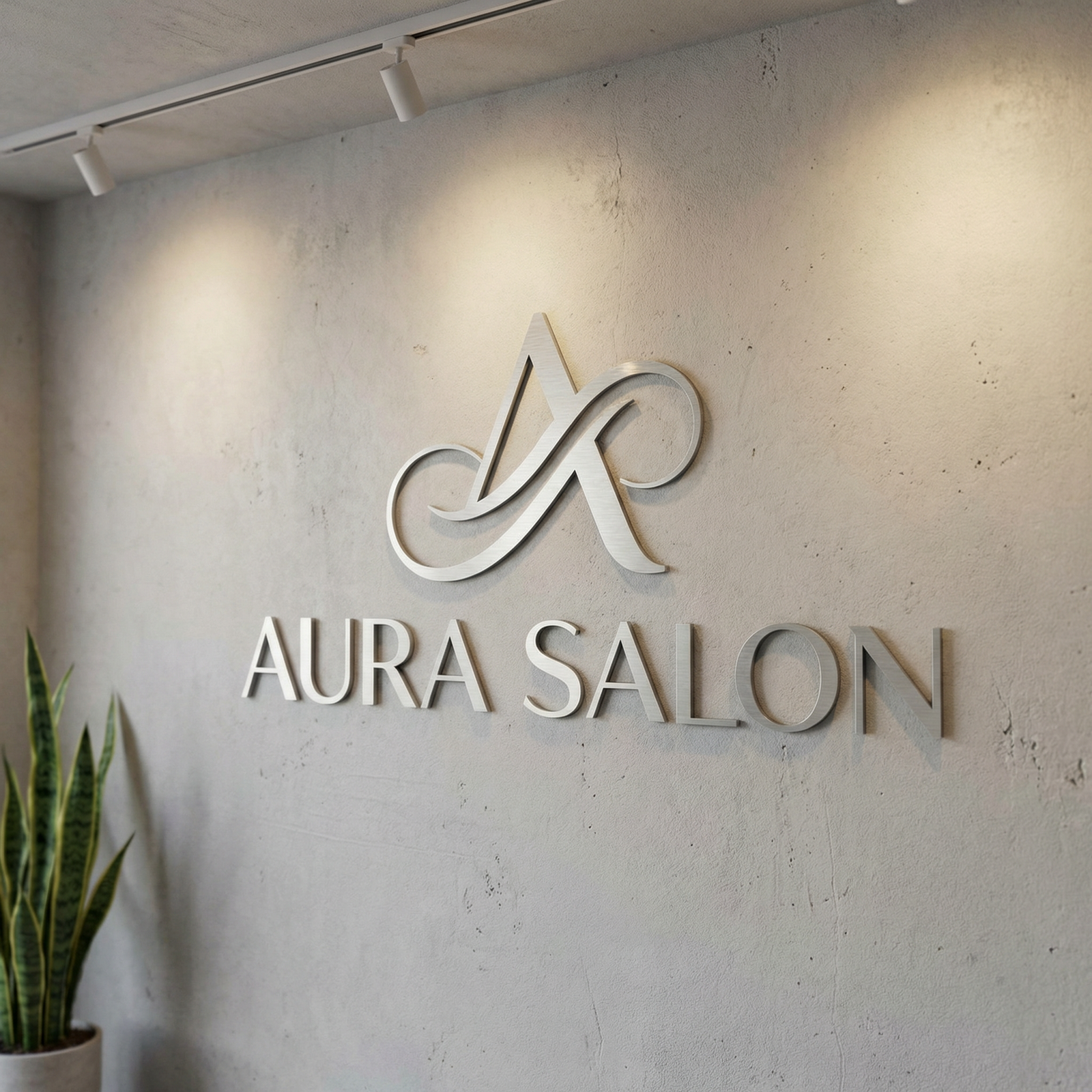 Elegant brushed metal salon wall sign with dimensional logo lettering mounted on textured modern interior wall