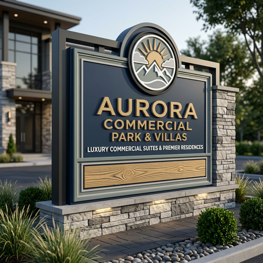 Luxury commercial monument sign for Aurora Commercial Park and Villas with dimensional lettering stone base and wood grain accent panel