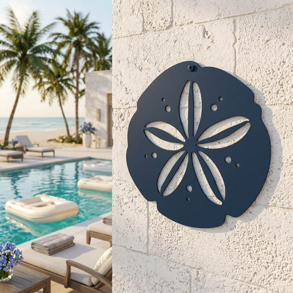 A dark navy blue metal sand dollar cutout decoration hanging on a white textured stone pillar, overlooking a luxury resort pool area with palm trees and a sandy beach.