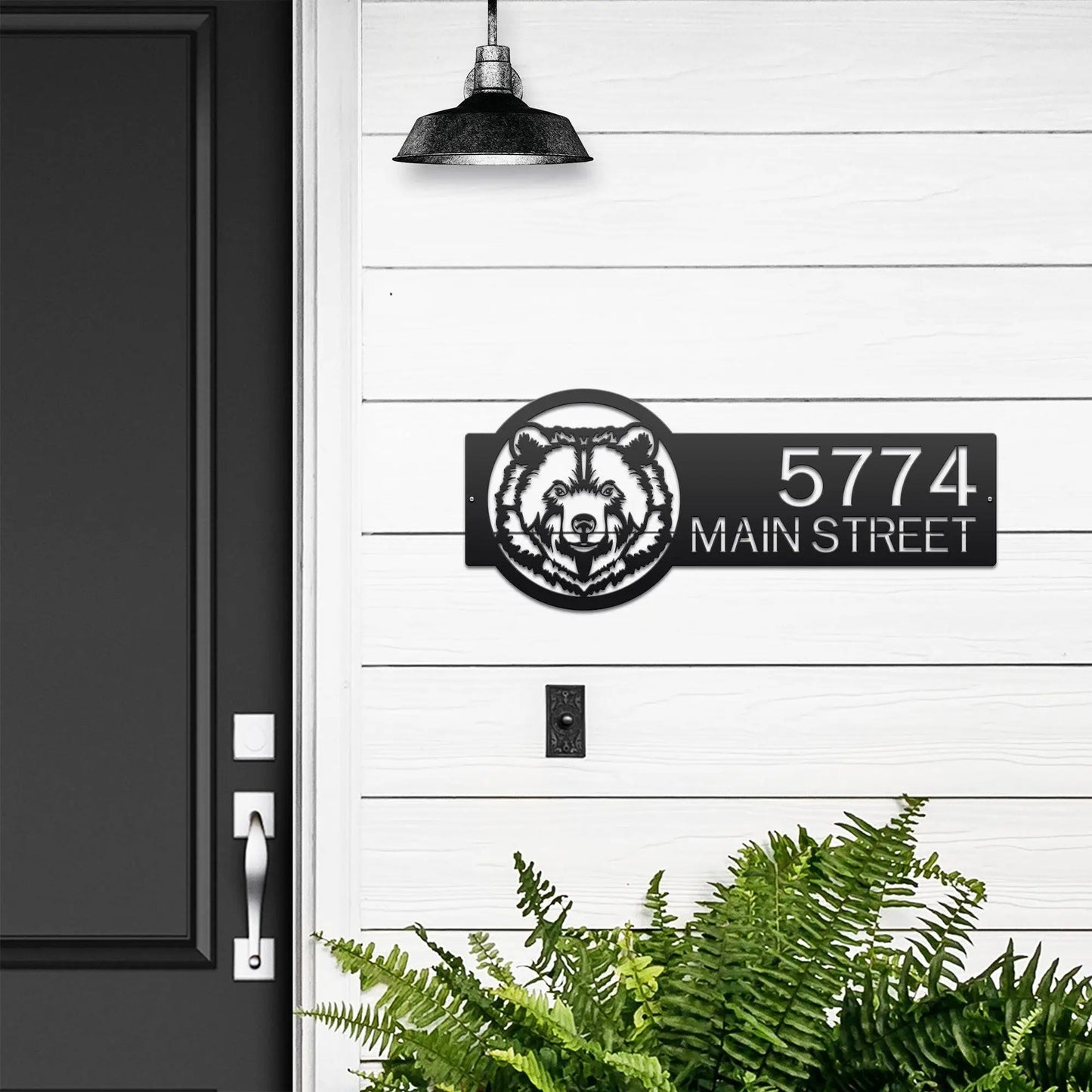 Bear Mountain Cabin Custom Address Sign features a black and white bear head, expertly laser-cut from premium steel, ideal for outdoor use and personalized home decor.