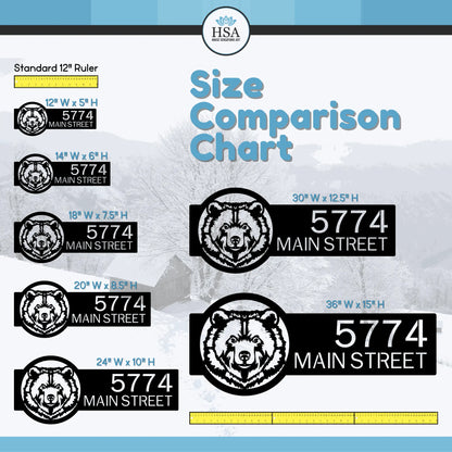 Bear Mountain Cabin Custom Address Sign in steel, featuring a rustic bear design with size comparison chart visuals. Ideal for outdoor home décor, showcasing weather-resistant, customizable metal house numbers.