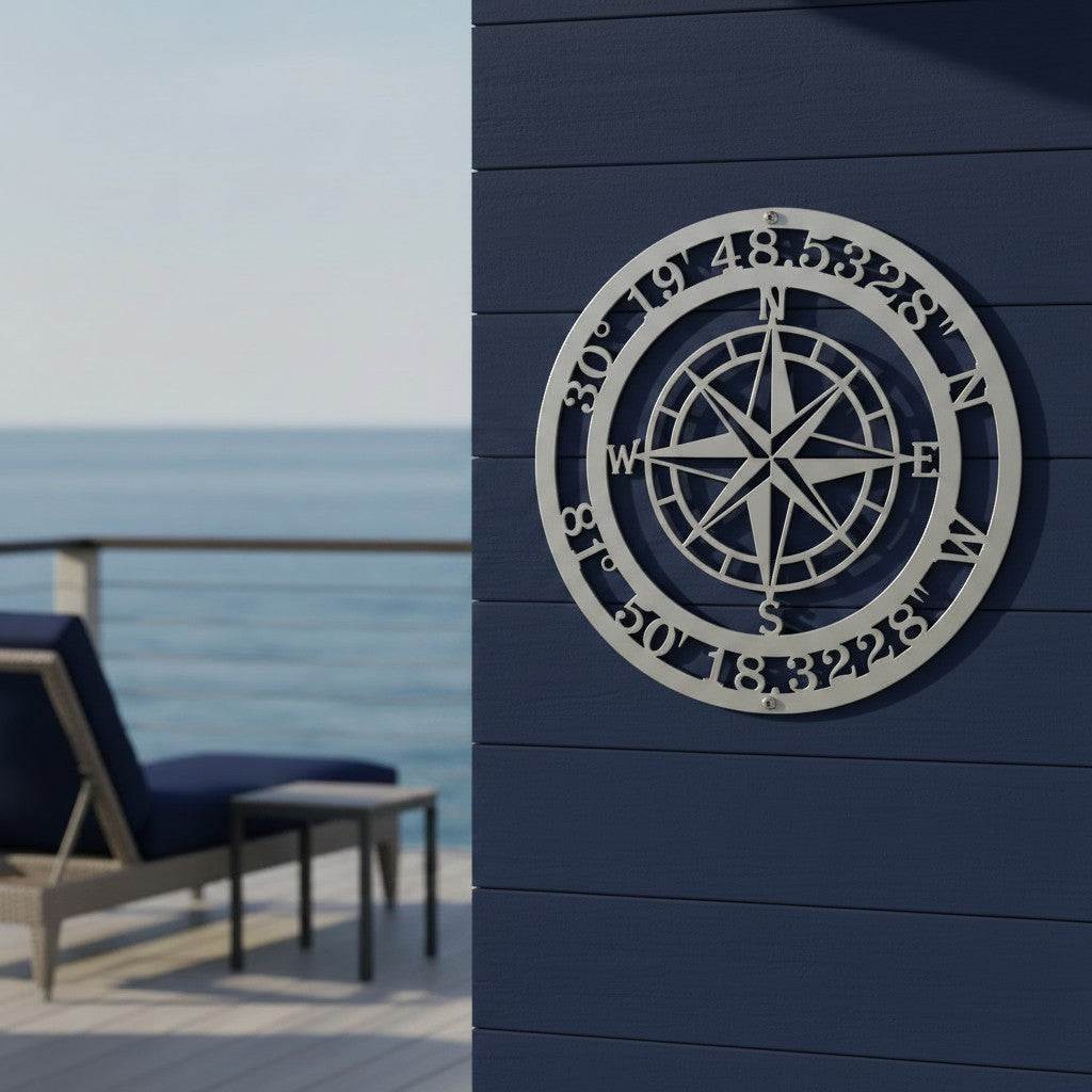 A silver metallic round compass sign featuring custom cutout coordinates, mounted on a dark navy blue horizontal siding wall next to an open sun deck overlooking the sea.