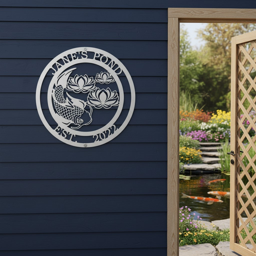  A silver metallic round custom sign reading "Jane's Pond Est. 2022" with a carved koi fish illustration, fixed to a dark blue horizontal siding wall next to an open doorway.