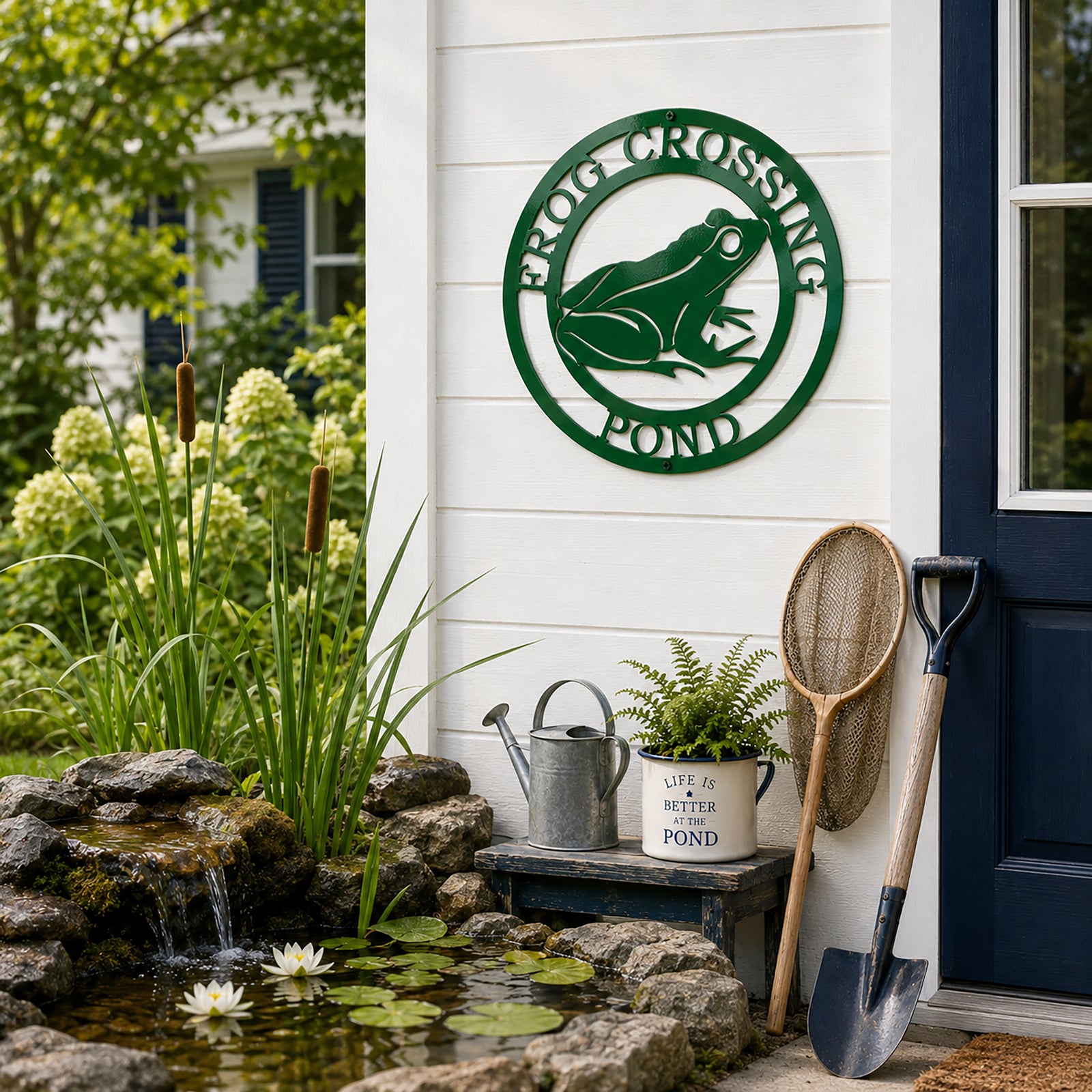 Green frog crossing pond metal wall decor mounted beside backyard pond with cattails and garden tools